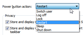 Change the action of the power button on Windows 7 start menu