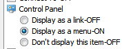Control Panel options on the Windows 7 start menu
