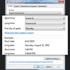 Time format and regional settings in Windows 7
