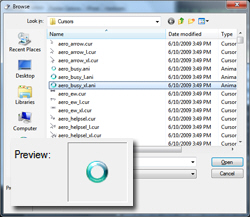 Windows 7 displays live preview for the selected cursor file