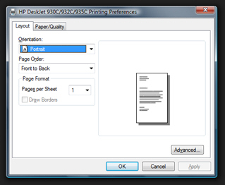 Printer's "Printing Preferences" window in Windows Vista
