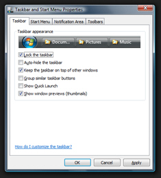 Taskbar appearance settings in Windows Vista
