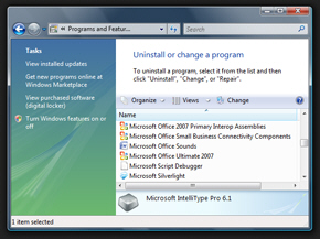 Control Panel listing of installed programs and drivers