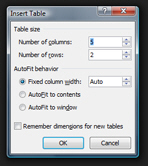Insert Table settings and options in Word 2007