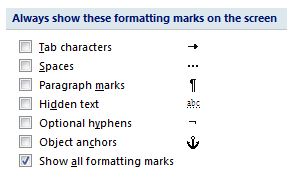 Configure Word 2007 settings for formatting symbols