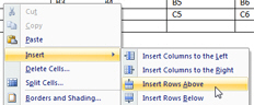 Insert row above in Word 2007
