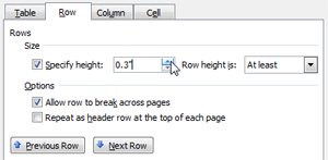 Adjusting row height settings of a table in Word 2007