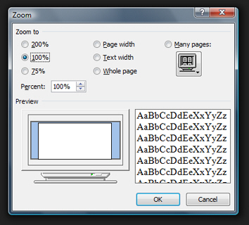 The zoom dialog in Word 2007