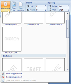 Text watermark backgrounds menu in Microsoft Word 2007