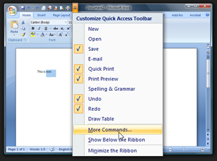 Customize toolbar in Word 2007