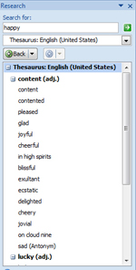 Full thesaurus and synonym listing in Microsoft Word 2007