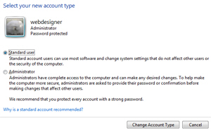 Changing account type in Windows Vista