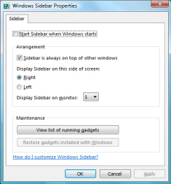 The Windows Sidebar Properties window in Windows Vista