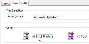 Choose "Black & White" printing (no colors) in the Windows 7 the Print dialog