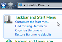 Customize start menu options from the Windows 7 Control Panel