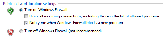 Windows 7 Firewall settings for private and public networks