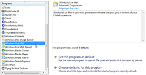 Windows Live Mail in the default programs listing for Windows 7