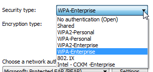 Wireless network security type for Windows 7 computers