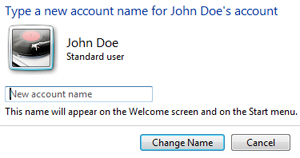 Rename user account name in Windows 7