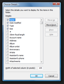 Choose details dialog to configure folder fields
