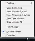 The taskbar context menu in Windows Vista
