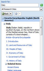 Research results from built-in encyclopedia in Word 2007