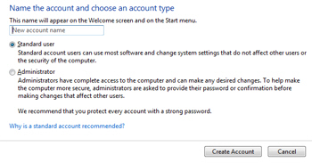 New user account creation in Windows Vista